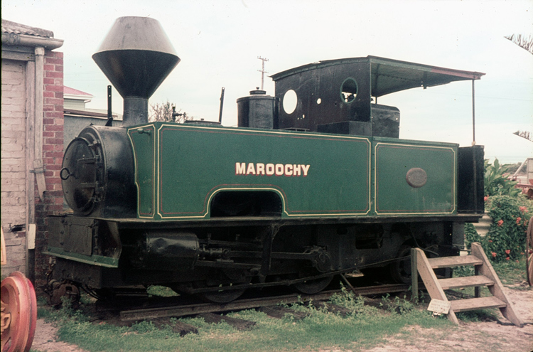 Hudswell Clarke B/N 1078 of 1914 'Maroochy' (Ex-Moreton Mill, Nambour) displayed at Gilltraps Auto Museum, Kirra circa 1967. Photo credit to Robert Riseley.